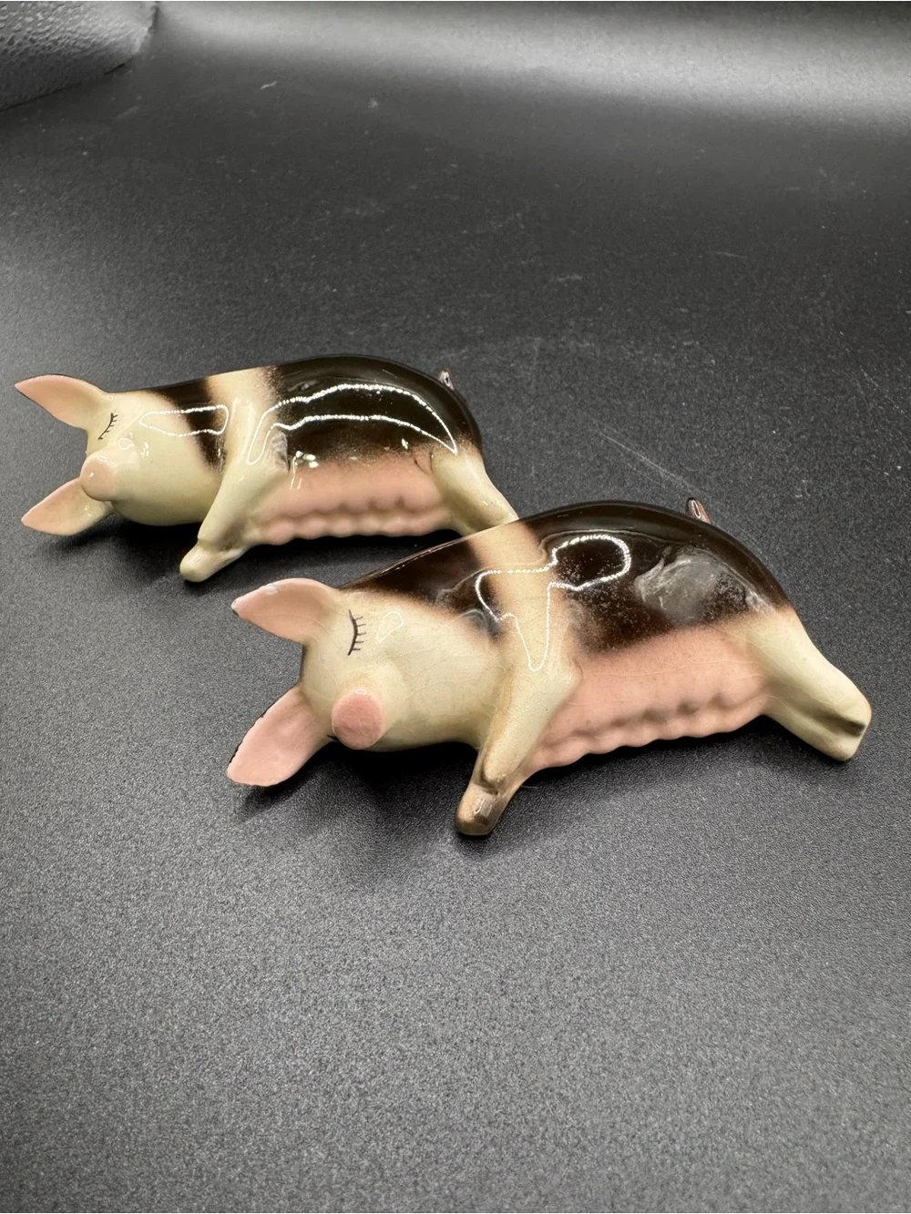 Ceramic Sleeping Pig Figurine Pair - Pink and Brown Decorative Set
